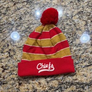 Retro Sport Kansas City Chiefs Beanie Hat Red Gold Striped Pom Pom Knit Cap OSFM